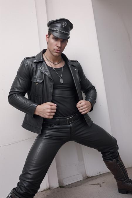 00011-1583829325-_lora_kris_evans-08_0.8_ photo of kris_evans, kris_leather, biker cap, dressed as a leather biker, biker boots, black leather ja.png